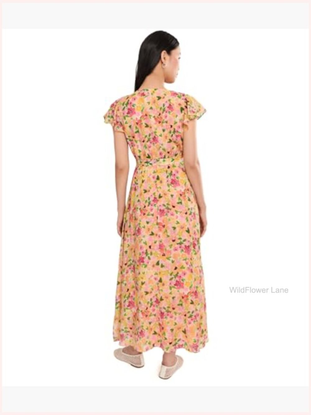 Wrap Front Short Sleeve Midi Dress, Floral Print, V-Neck, A-Line - Picture 4 of 5
